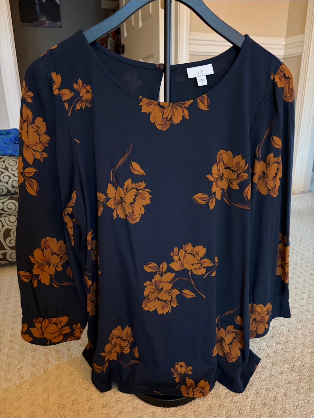 J. Jill Navy Blouse with Rust Floral Print